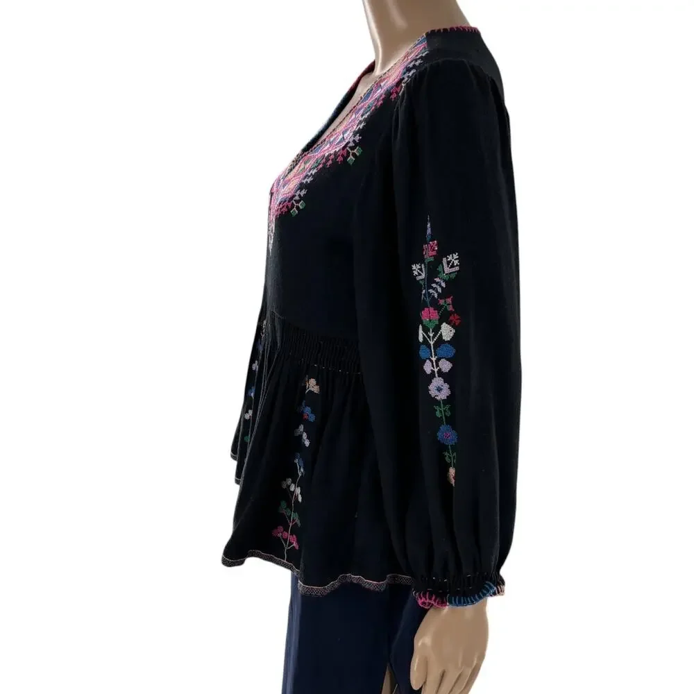 Ulla Johnson Black Maja Embroidered Peplum Peasant Blouse